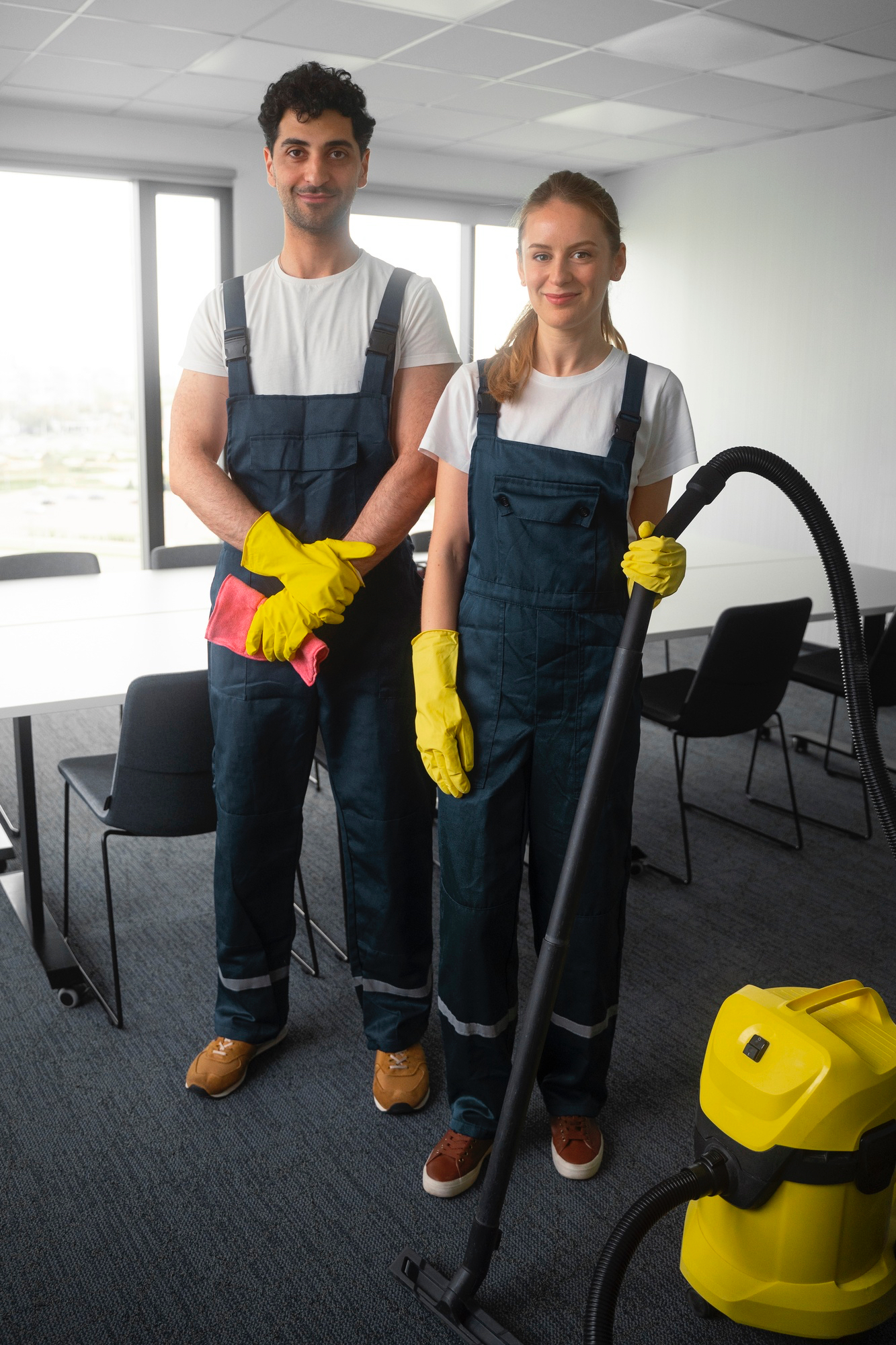 Two professional cleaners from Shen Cleaning in Miami wearing uniforms and yellow gloves, equipped with a vacuum cleaner and cleaning cloth, standing in a modern office space.